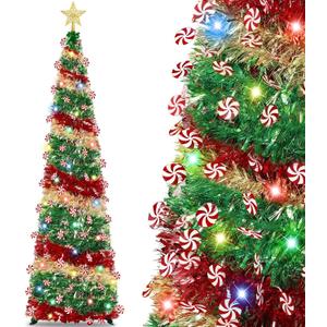5 Ft Pop Up Christmas Tree with Lights, Red Green Gold Skinny Tinsel Pencil Tree Lollipop 50 Colorful Light Timer Battery Operated Christmas Tree Collapsible Xmas Decoration for Home Holiday Indoor