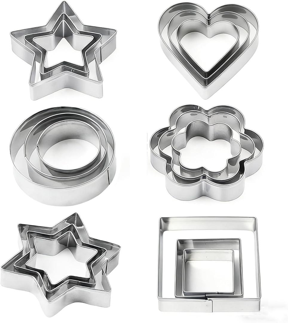 18 Pieces Metal Cookie Cutters, Stainless Steel Molds Flower Square Heart Round Star Shapes for Home Holiday Mother's Day
