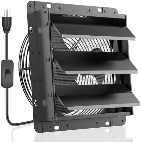 HG Power Upgraded 12 Inch Shutter Exhaust Fan, 764CFM High-Speed, 1400RPM Wall-Mounted Ventilation Fan for Shed, Garage, Greenhouse - with Mesh Screen, ON/OFF Switch & 8FT Power Cord, Black
