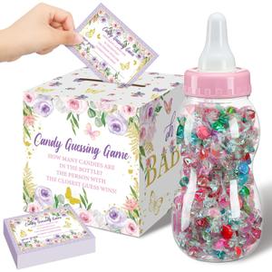 Glenmal 52 Pcs Baby Shower Games Gift Sets Large Baby Bottle for Shower Game Guess How Many Candies Decorations for Gender Reveal(Butterfly)