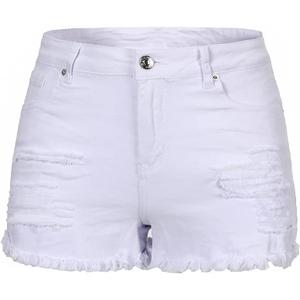 THUNDER STAR Women Mid Rise Ripped Stretchy Jeans Shorts Frayed Raw Hem Casual Denim Shorts White1# XS