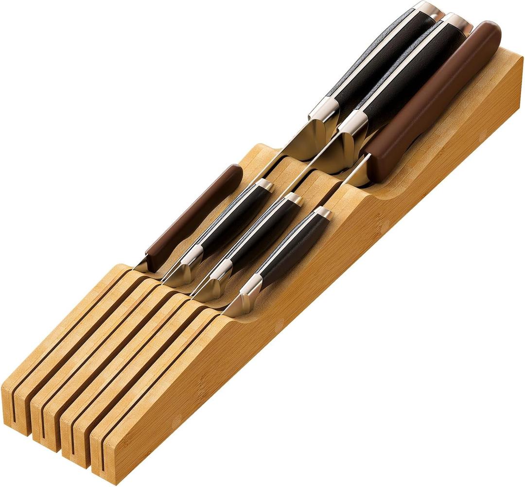 Knife Drawer Organizer, Bamboo Wood Knife Holder, Knife Block Fit for 7 Knives (Natural)