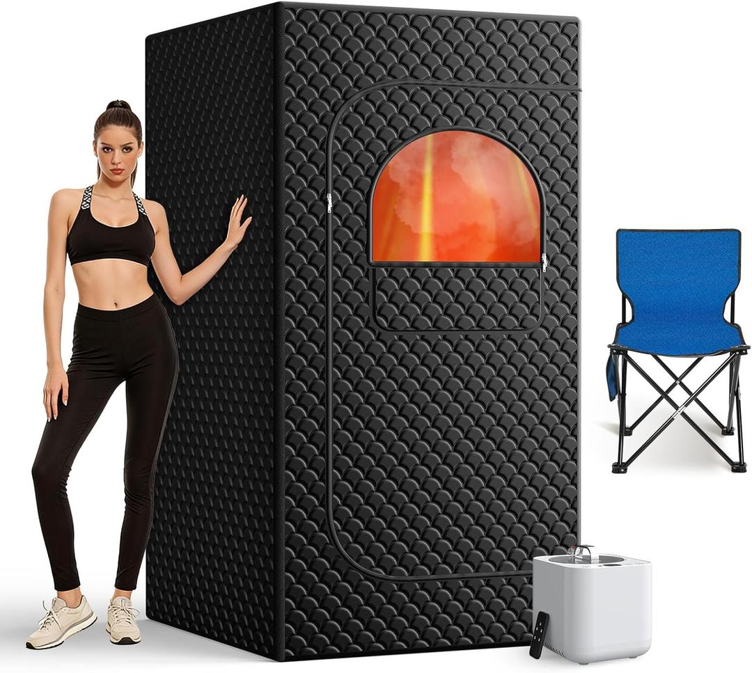 Portable Sauna Box for Home, Personal SPA Steam Sauna with 10 Min Fast Heating & 9 Levels Heat, Warm Sauna Tent with 3L/1200W Steamer, Folding Chair, Remote Control for Body Relaxation,32" x 32" x 71" (Black)