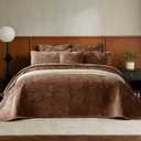 Velvet Quilt Set Oversized King Size 3 Piece Bedding Set 120x128 Bedspread with 2 Pillow Shams Luxurious Soft Striped Quilted Coverlet for All Seasons, Caramel