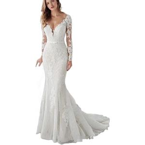 MuXiuFC Long Sleeve Mermaid Wedding Dresses for Bride 2022 Lace V Neck Boho Bridal Gowns Women Style13-Ivory 12