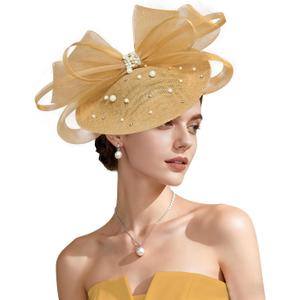 Kgromfy Tea Party Hat for Women Fascinator Hat Elegant Church Hats Wedding Headband Luxury Fancy Hat Lady Headwear for Derby Cocktail Dress Up Party Formal Events M27-Khaki
