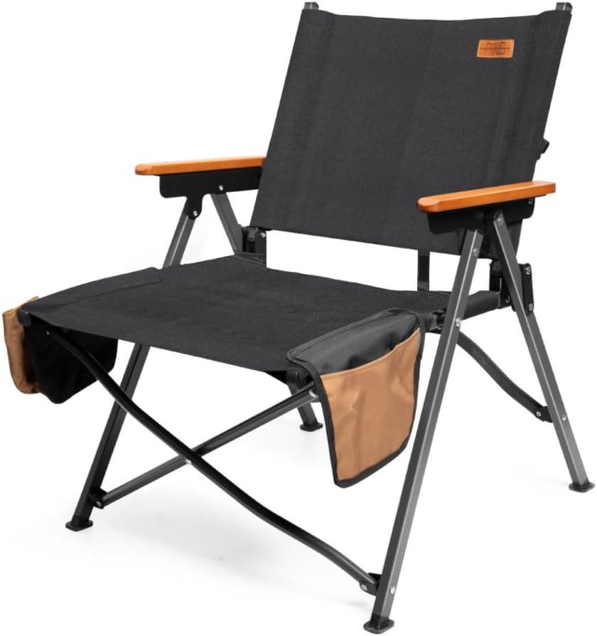 Folding Camping Chair, Lightweight Portable Chair Wood Armrest with Side Pockets, Cup Holder for Camping, Picnic, Concert, Beach, Fishing, Outdoor (Large, Brown)