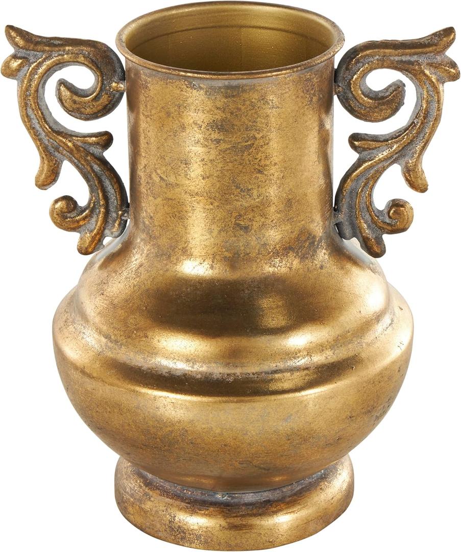 Deco 79 Metal Decorative Vase Weathered Vintage Amphora Centerpiece Vase with Scroll Handles, Flower Vase for Home Decoration 7" x 7" x 10", Gold