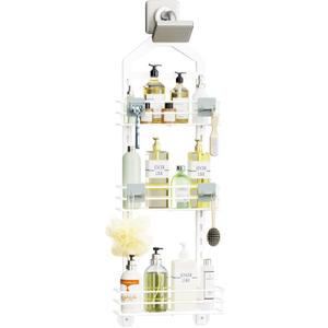 Orimade Adjustable Anti-slip Shower Caddy Over Head, Rustproof Bathroom Hanging Organizer with 2 Hooks, No Drilling Shower Shelves Storage Rack 3 Tier, White