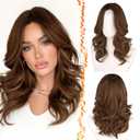 BARSDAR 16in Short Wavy Brown Ombre Layered Wig - Shoulder Length Wavy Brown Wigs for Women - Short Loose Wave Textured Layered Wig with Face-Framing Curtain Bangs Soft Synthetic Natural Looking Daily
