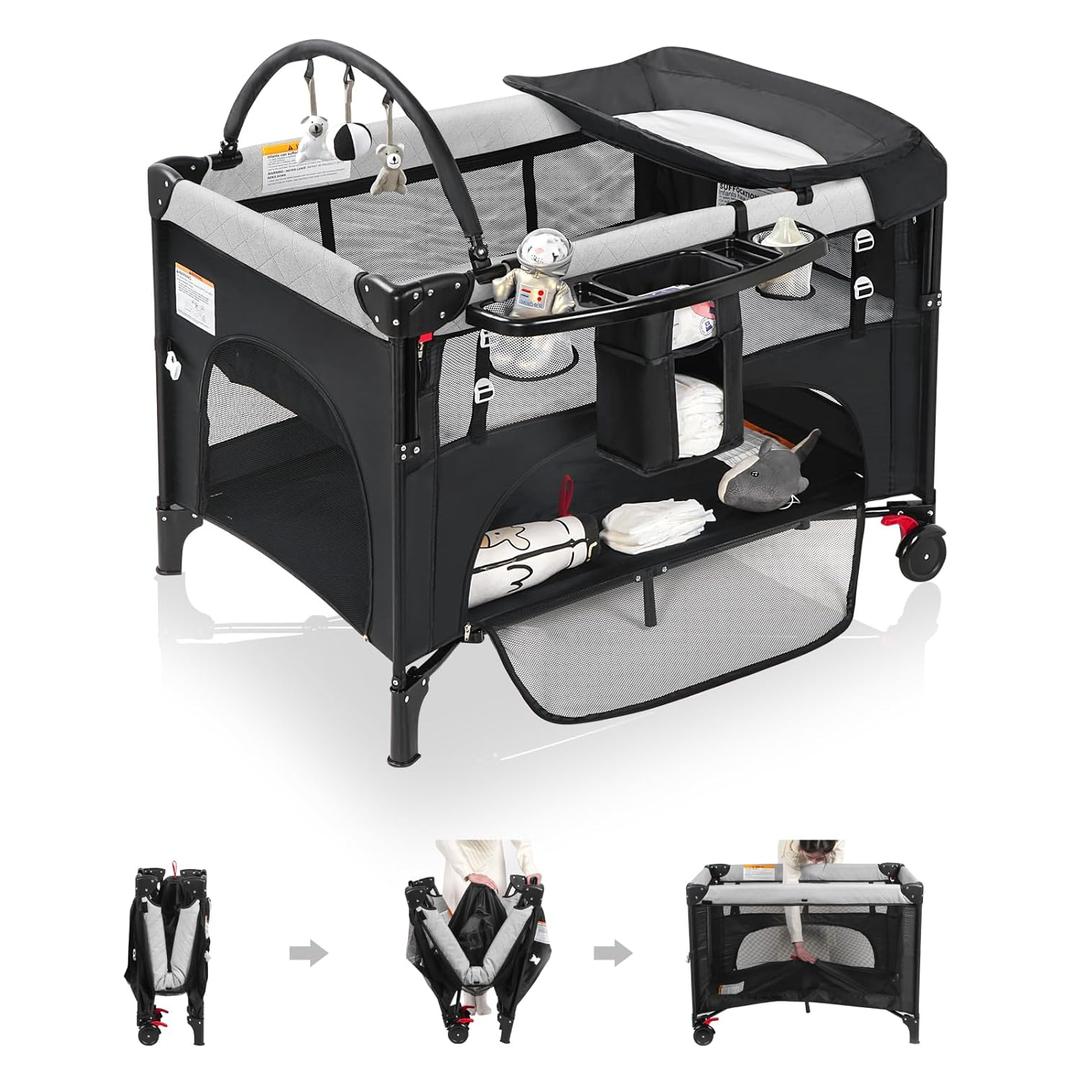 5 in 1 Infant Newborn Baby Crib, Baby Bassinet Bedside Cribs, Pack and Play and Changing Table, Portable & Music Box, Portable Travel Crib, Dark Gray