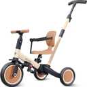Newyoo Toddler Tricycle with Push Handle for 1-3 Year Old, Toddler Bike, Birthday Gift and Toy for Boys and Girls, 5 in 1 Kids Trike, Balance Bike with Backrest and Safety Belt, Khaki, TR007