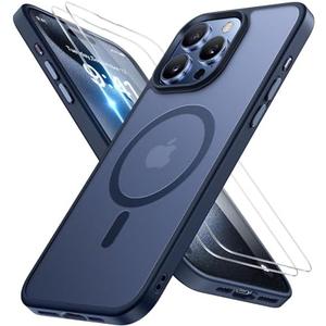 Miracase Magnetic for iPhone 15 Pro Max Case 6.7 inch (Compatible with MagSafe)（with 2X Screen Protectors） Military-Grade Protection, Anti-Fingerprint Translucent Matte Phone Cover, Dark Blue