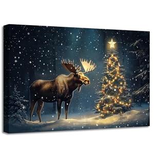 Doartdo Christmas Trees Wall Art Christmas Wall Decor Pine Tree and Winter Animal Picture Prints Snow Landscape Painting Xmas Decor Frame (Blue, (16.00" x 24.00")