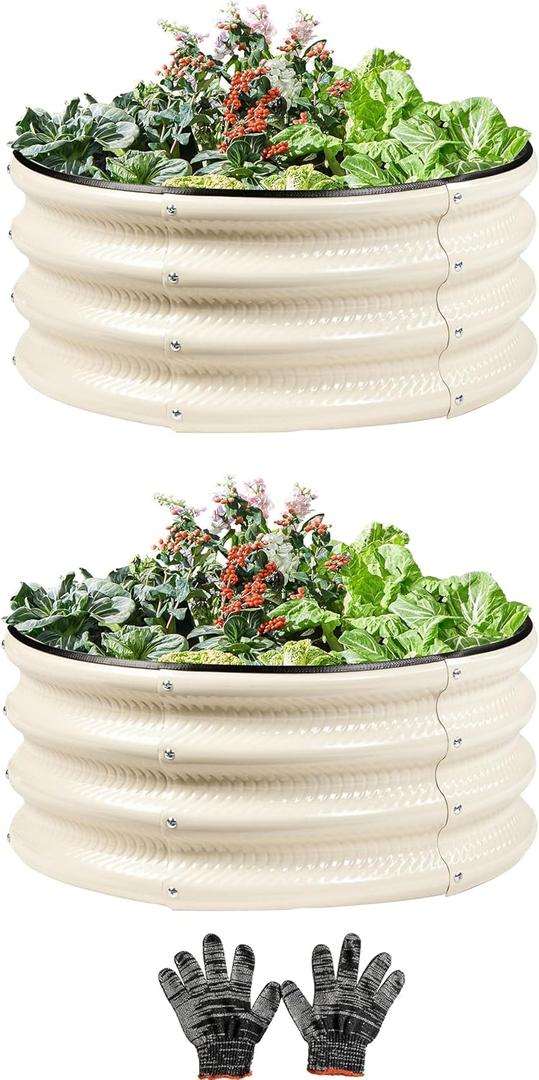 Gartist 2 Pcs 2x2X1 ft Metal Galvanized Round Raised Garden Bed Kit Outdoor, Cream White Planter Garden Bed, Raised Box for Vegetables, Fruits, Flowers & Herbs