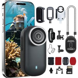 4K Mini Body Camera 64G Wearable Thumb Camera 360° Rotatable Magnetic Clip for Lecture Travel Pet Walking Outdoor Recording（Black）