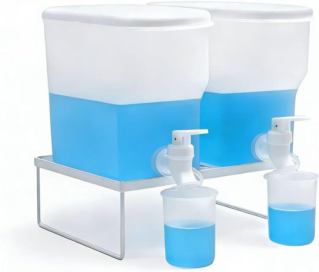 Laundry Detergent Dispenser Set, 100oz (3L) Easy-Pour Leak-Proof Bottles with Spout Plug Caps, Measuring Cups & Stand2 Refillable Semi-Transparent Soap Containers for Laundry Room Organization