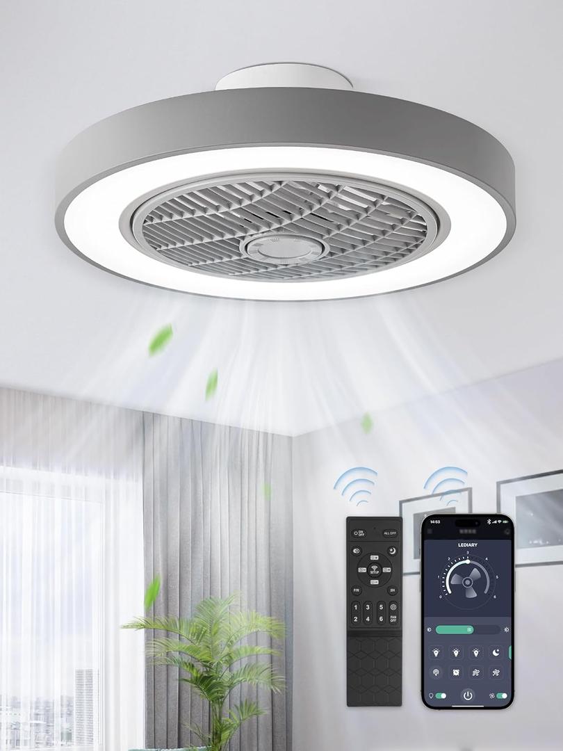 LEDIARY 20 Inch Low Profile Ceiling Fan with Light, Led Bladeless Ceiling Fans, Remote Control Enclosed Flush Mount Ceiling Fan with Timming, 3000-6000K, 6 Wind Speed, 3000LM, 57W-Grey (Gray)