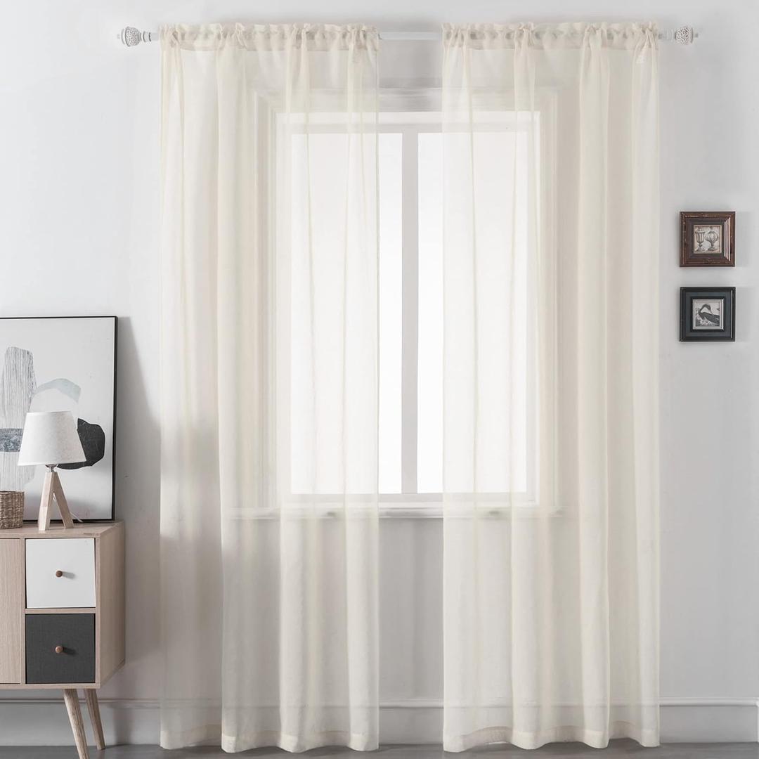 DUALIFE Beige Sheer Curtains 108 Inches Long,Faux Linen Ivory Semi Sheer Curtain Drapes for Living Room Bedroom Kitchen Bathroom Privacy Voile Window Treatment Panels,52 x 108 Inches,Set of 2