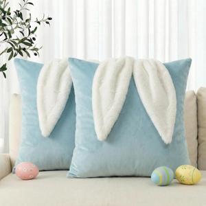 AVOIN colorlife Easter Rabbit Blue Velvet Throw Pillow Covers, 18 x 18 Inch Rabbit Ears Design Bunny Luxury Accent Cushion Case Decoration for Sofa Couch Set of 2