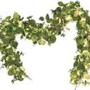 Dolicer 2 Packs 6FT Artificial Eucalyptus Garland with LED Light String, Faux Greenery Garland Hanging Fake Silver Dollar Eucalyptus Leaves Vines for Wedding Backdrop Arch Table Wall Party Home Decor, Grey Green with Light 