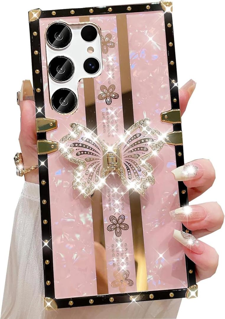 for Samsung Galaxy S25 Plus Glitter Kickstand Case, Cute 3D Bling Sparkly Butterfly Foldable Stand Elegant Floral Marble Mirror Shockproof Women Girls Protective Case for Galaxy S25 Plus,Pink