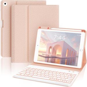 7-Color Backlit Keyboard Case for iPad 9.7 Inch 6th 5th Gen Air 2/Air 1, Detachable Wireless Bluetooth Keyboard with Pencil Holder, Auto Sleep Wake Stand Folio Protective Cover (Pink)
