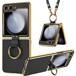 Miimall Phone Case for Samsung Z Flip 6, Z Flip 6 case with Strap and Ring Holder, Ultra Slim Leather Wear-Resistant Shockproof Anti-Slip Crossbody Phone Case for Samsung Galaxy Z Flip 6, Black