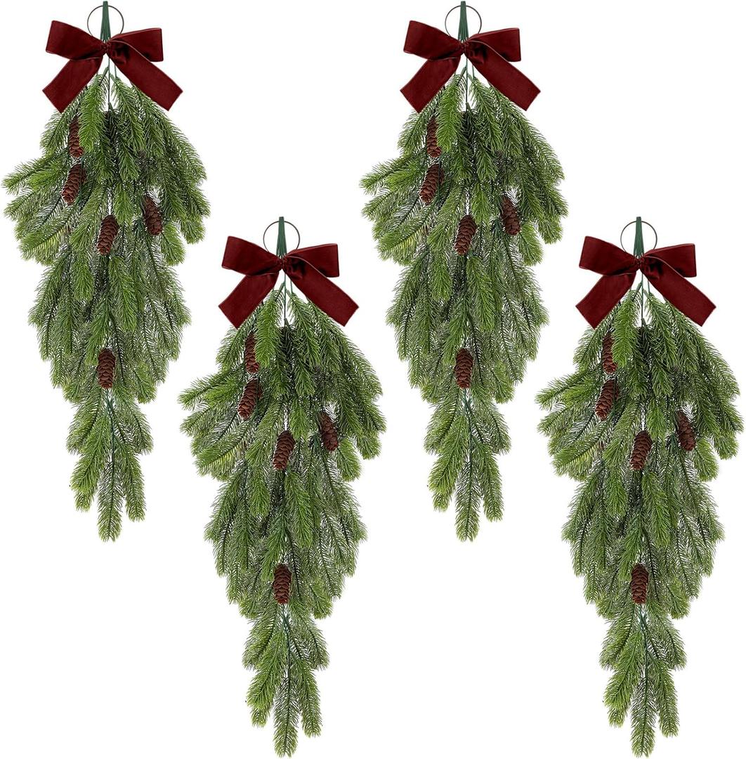 Thiccywoov 4 Pack Christmas Teardrop Swags with Velvet Bow 20 Inch Rustic Pine Greenery with Pine Cones Hanging Teardrop Swag for Front Door Mantle Wall Indoor Outdoor Home Decor (Burgundy)
