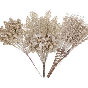 Alupssuc 24 Pcs 3 Styles Glitter Christmas Tree Picks and Holly Berry Stems Christmas Decorations Set, Poinsettia Flowers Artificial for Xmas Tree Ornaments or Party Wreath Fireplace, Champagne Gold