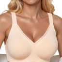 PoseFree Womens Wireless Bras Supportive Tshirt Bra No Underwire Seamless Push Up V Mesh Comfortable Bralette Everyday Bras (Beige, XL)