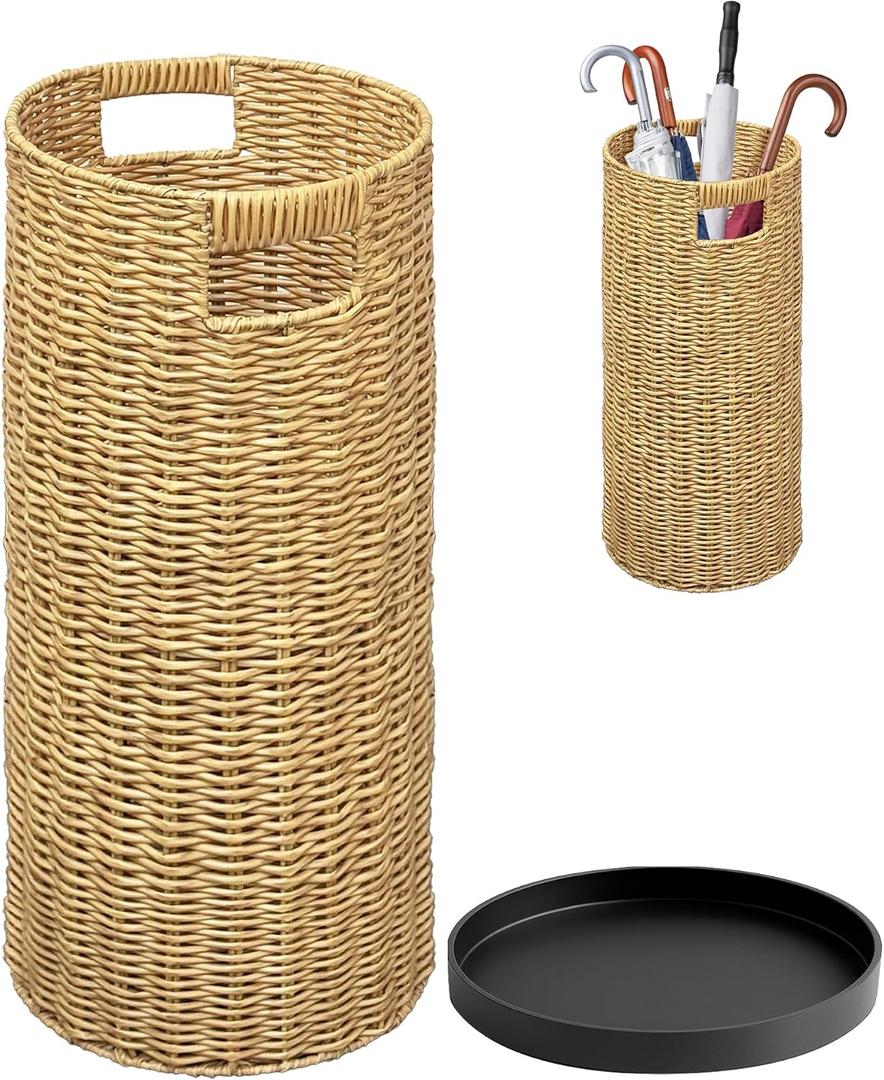 Rattan Umbrella Holder 20.8" H X 10" D,Handmade Wicker Umbrella Stand Indoor with Dip Tray,Sturdy Umbrella Holders for Entryway,Umbrella Bucket Fits Mudroom,Walking Canes,Home,Office (Oak)