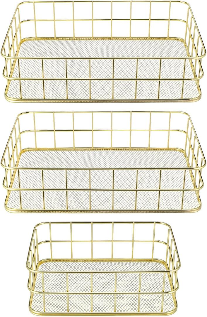 3 Pcs Gold Wire Baskets Set - Gold Baskets for Decor with 2 Large & 1 Small Metal Mesh Organizers for Home Office Desk Bathroom Storage (9.6x6.5x2.5 inch & 6.7x4.7x2.4 inch)