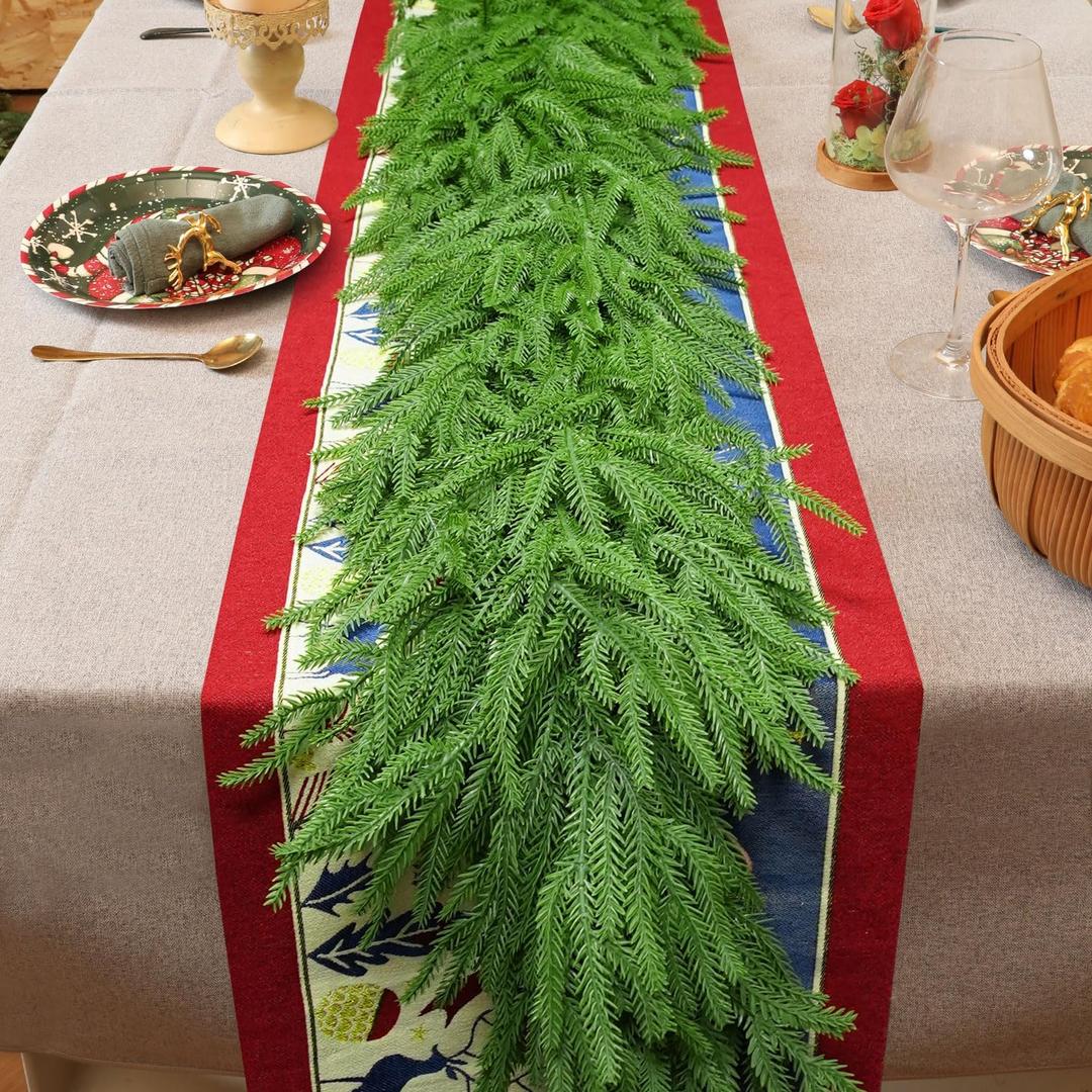 18 FT (2 * 9FT) Christmas Norfolk Pine Garland, Real Touch Dense Faux Greenery Garland for Mantle, Table, Wall, Indoor & Outdoor Christmas Decorations