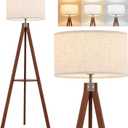 ELYONA Mid Century Floor Lamp with 3 Color Temperatures LED Bulb, Modern Wood Tripod Table Reading Standing Light, Wooden Shelf Floor Lamp for Farmhouse Living Room Bedroom Office Linen Shade Brown