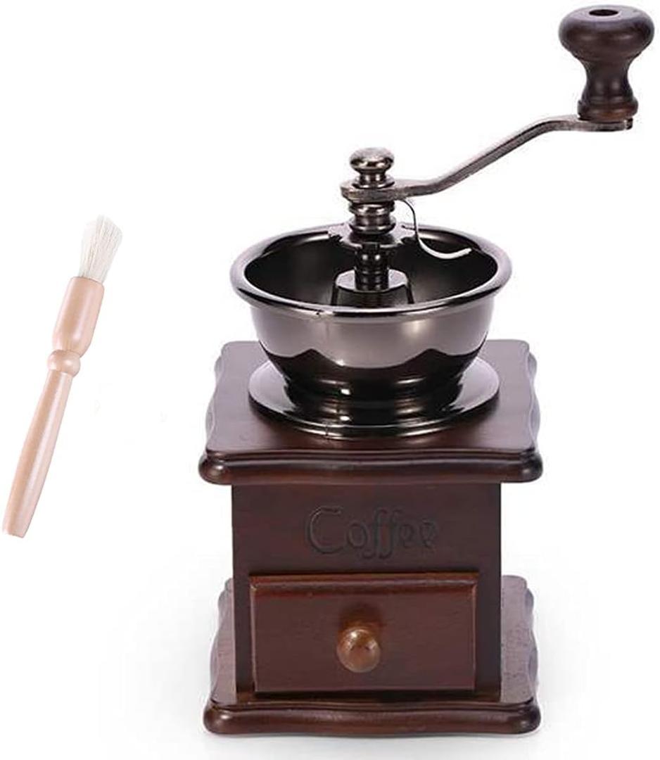 Wooden Manual Coffee Grinder Vintage Style Hand Coffee Mill Burr Coffee Grinder with Ceramic Hand Crank,Wooden Manual Coffee Grinder Cleaning Brush, Brown, 19 x 8.5 x 16 cm