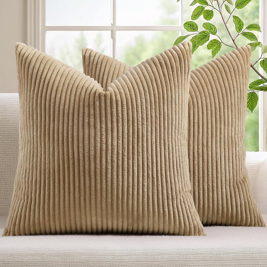 Mecatny Corduroy Decorative Throw Pillow Covers 26x26 Set of 2 for Sofa Living Room, Soft Neutral Boho Couch Pillow Covers for Home Decor, Khaki