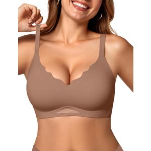 OEAK Womens Wireless Bras Scalloped Push Up Bralettes No Underwire Supportive Tshirt Bra Seamless Comfortable Everyday Bras (Medium, Coffee)