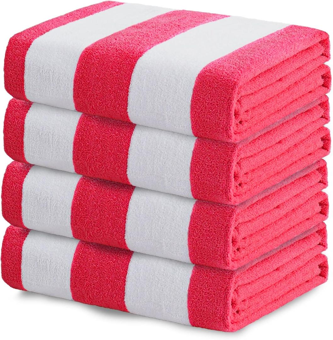 Exclusivo Mezcla Beach Towels Oversized, 4 Pack Lightweight Cabana Stripe Pool Bath Towel Set for Kids and Adults, Extra Large and Absorbent, 30x60 Inches, Red