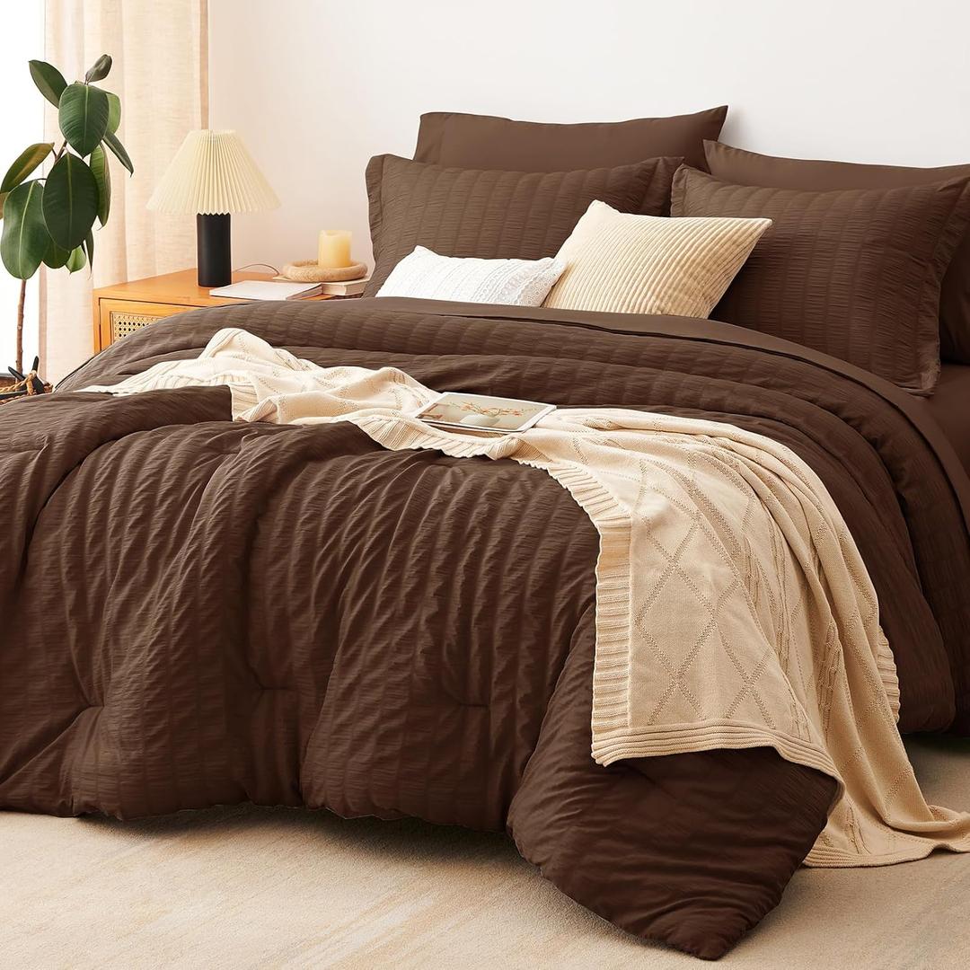 CozyLux King Size Comforter Set Brown Seersucker 7 Pieces Bed in a Bag King Comforter Set with Sheets, Luxury Soft Bedding Set with Down Alternative Comforter, Sheets, Pillowcases & Shams All Seasons
