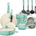 GreenLife Soft Grip 16 Piece Cookware Set, Non-Toxic PFAS-Free Ceramic Nonstick, Pots, Frying, Sauce, Saute, Glass Lids, Stay-Cool Handles, Wobble Free Bases, Dishwasher & Oven Safe, Turquoise