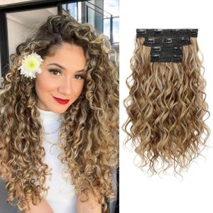 REECHO Curly Hair Extensions, 4PCS 16 inch Clip in Hair Extensions Lace Weft Short Curly Hair Extension Clip Ins Natural Hairpieces for Women, Light Brown with Honey Blonde Highlights