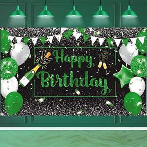 Green Silver Black Birthday Decorations Green Happy Birthday Backdrop Banner Champagne Glass Balloons Photo Booth Background for Man Women Party Decoration Supplies