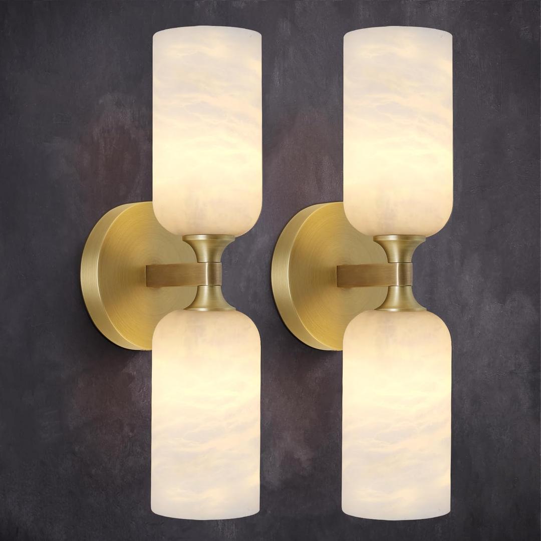 Alabaster Wall Sconces Set of Two, 14in Modern Spanish Natural Marble Bathroom Vanity Sconces, Brass Alabaster Sconce Wall Lighting, Gold Wall Light Fixtures Decor for Bedroom Living Room Staircases