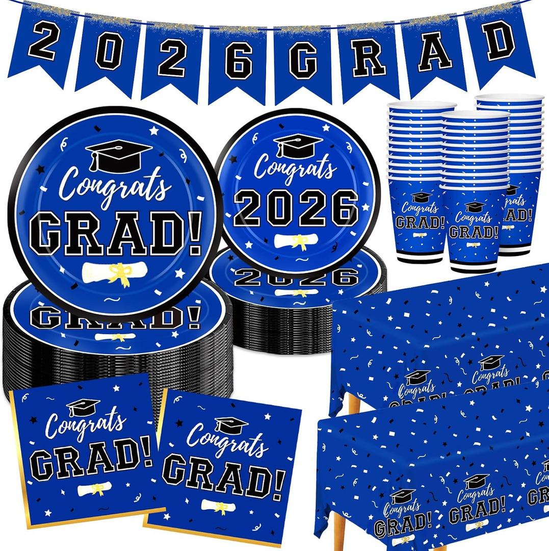 Graduation Decorations 2026 Disposable Blue Graduation Tableware Kit for 25 Guests Plates Napkins Cups Tablecloth Hanging Graduation Party Decorations 2026