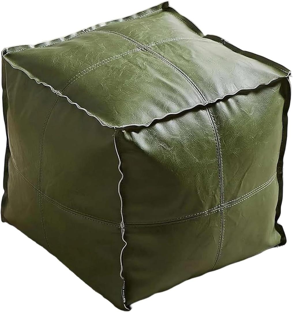 Louis Donn Unstuffed Square Pouf Ottoman Cover 17.7" Faux Leather Waterproof Floor Footrest Storage Cover for Living Room Bedroom Office (Only Cover No Filler) (Seaweed Green)