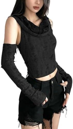 YISHATIER Women Off Shoulder Hooded Top - Ripped Crop & Long Sleeve Y2K Tees With Detachable Sleeves S