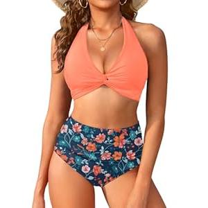 Yonique Women's Two Piece High Waisted Bikini Set Tummy Control Swimsuit Full Coverage Bathing Suit Halter Orange Flowers, Size: S