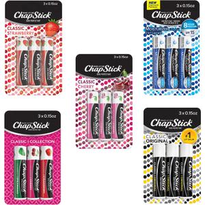 ChapStick Classic Collection Flavored Lip Balm Tubes Pack, Lip Moisturizer - 0.15 Oz (Box of 5 Packs of 3)