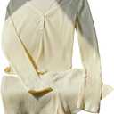 WDIRARA Women's 2 Piece Outfits Skinny Mini Shorts Set V Neck Long Sleeve Knitted Outfits (Yellow, L)